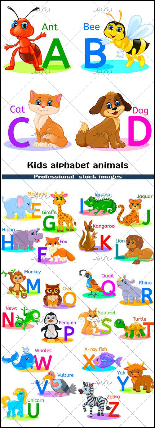 وکتور آموزش حروف انگلیسی برای کودکان - حیوانات