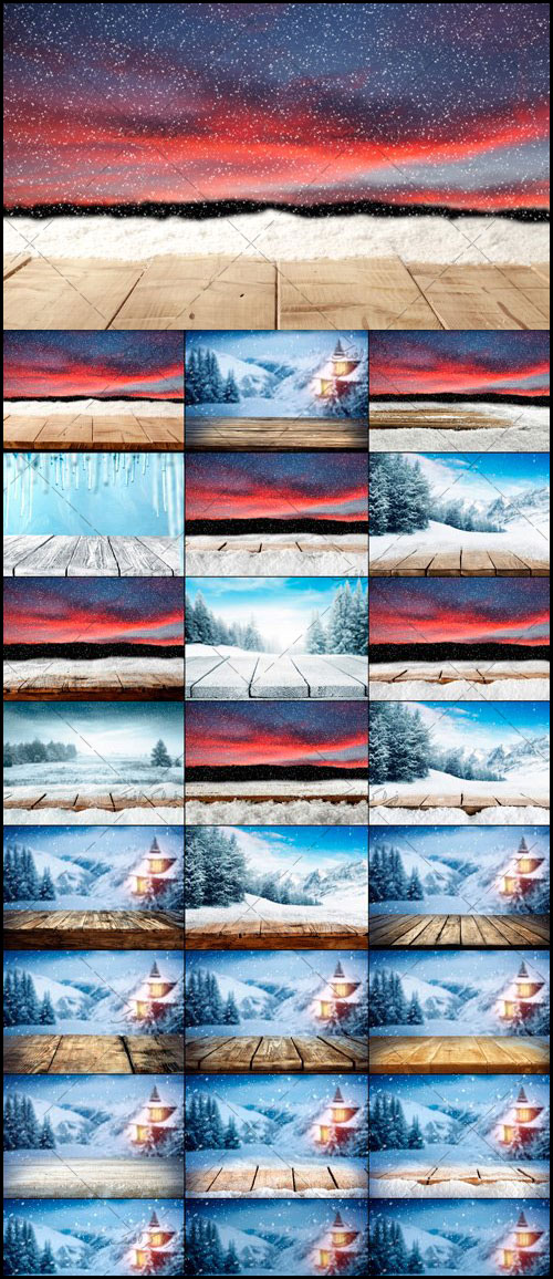 دانلود تصاویر استوک زمستان برفی با طاقچه چوبی