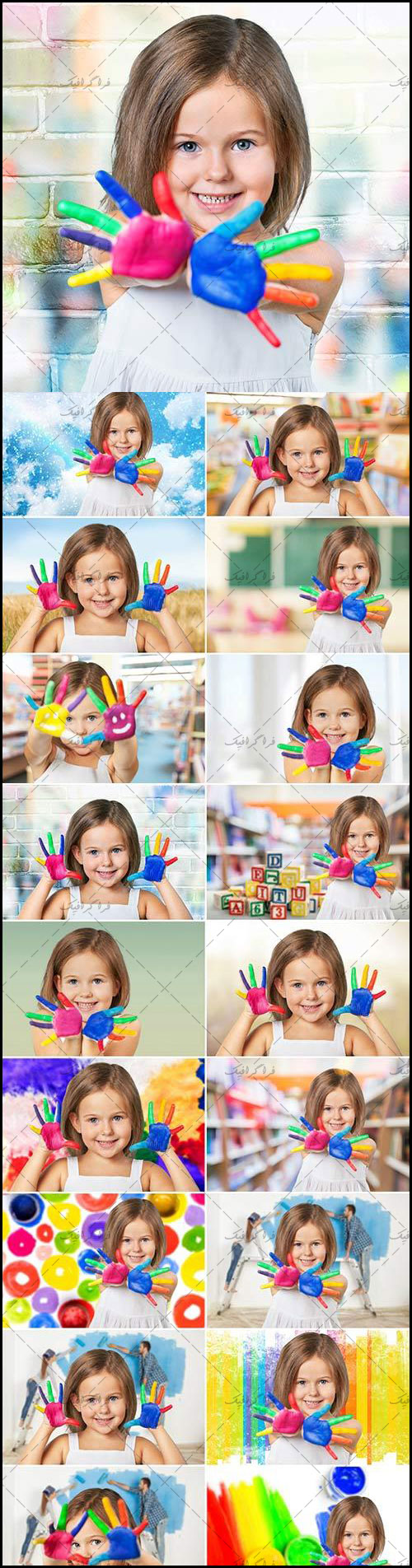 دانلود تصاویر استوک دختر بچه شاد با کف دست رنگی