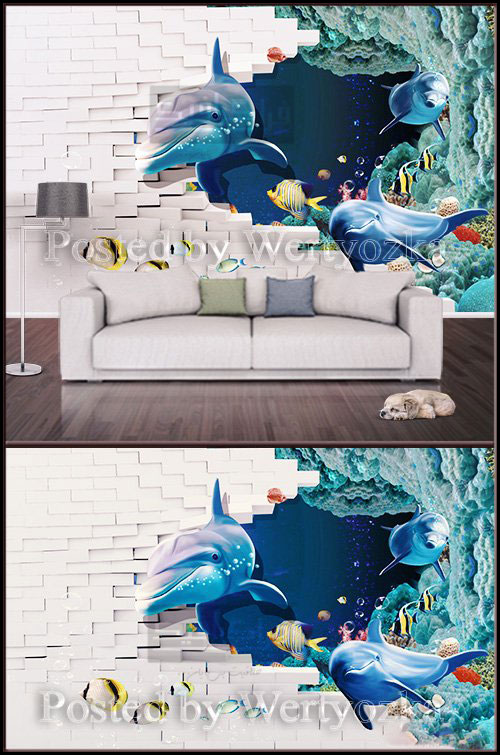 دانلود پوستر دیواری سه بعدی طرح دلفین و دیوار