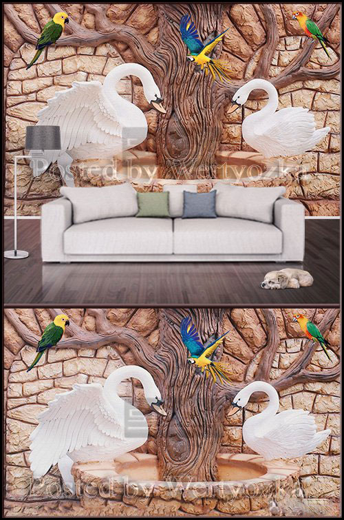 دانلود پوستر دیواری سه بعدی طرح قو - طوطی - درخت