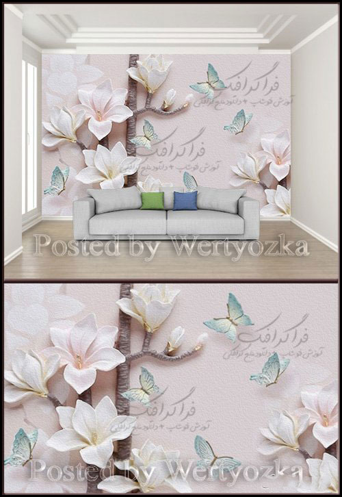دانلود پوستر 3 بعدی دیواری گل سفید برجسته با پروانه