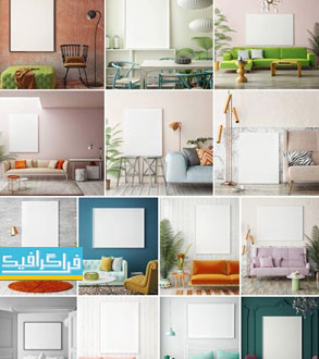 دانلود تصاویر استوک نمای داخلی خانه با صندلی و قاب خالی