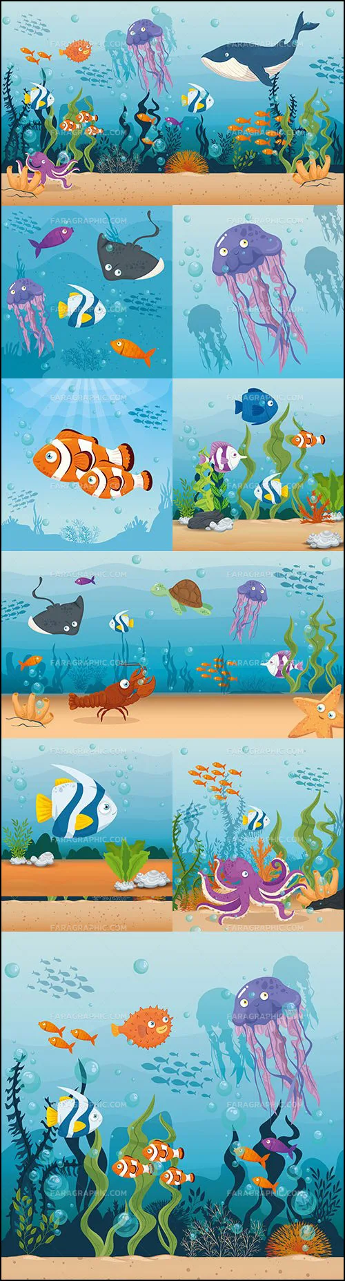 دانلود وکتور های کارتونی اقیانوس و ماهی